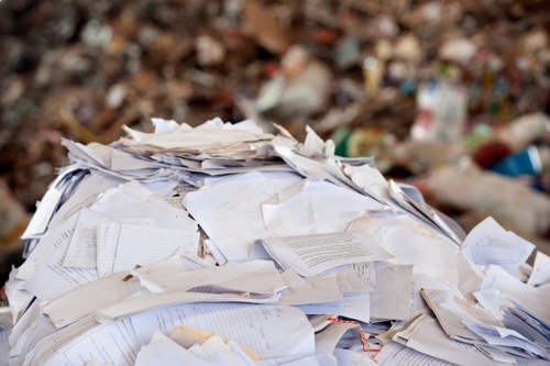 A large pile of mixed paper waste, including crumpled sheets, loose pages, and torn documents, is seen outdoors on a paved surface, with a background of scattered rubbish and debris. The paper materials vary in size, thickness, and colour, predominantly white, some with visible text or printed lines. The pile appears unorganized and extends across the foreground, with the surrounding environment suggesting a waste collection or disposal site in Chelsea. The lighting is natural, indicating daytime, and the scene reflects the type of rubbish typically handled by commercial waste removal services such as those offered by Commercial Waste Removal Chelsea, especially in an urban or industrial context in southwest London.